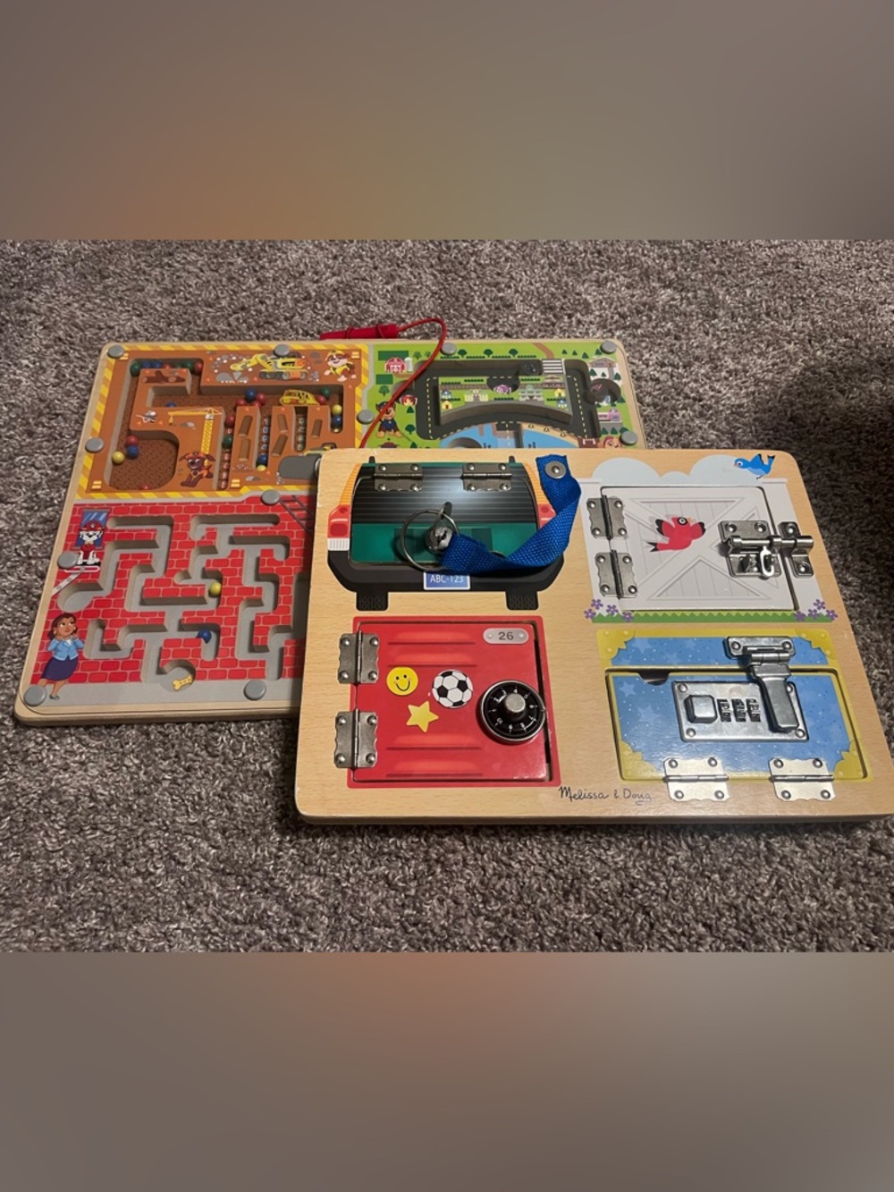 2 Melissa & Doug Kids Wooden Busy Board Activity Toys